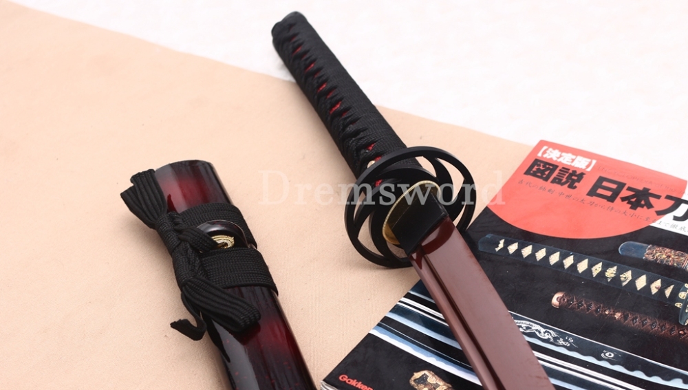 1095 High Carbon Steel Katana Red Blade Japanese Samurai Functional Battle Sword Shinogi ZUKURI Black