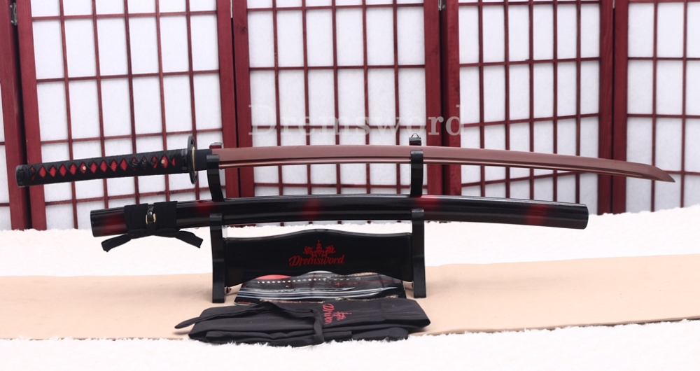 1095 High Carbon Steel Katana Red Blade Japanese Samurai Functional Battle Sword Shinogi ZUKURI Black