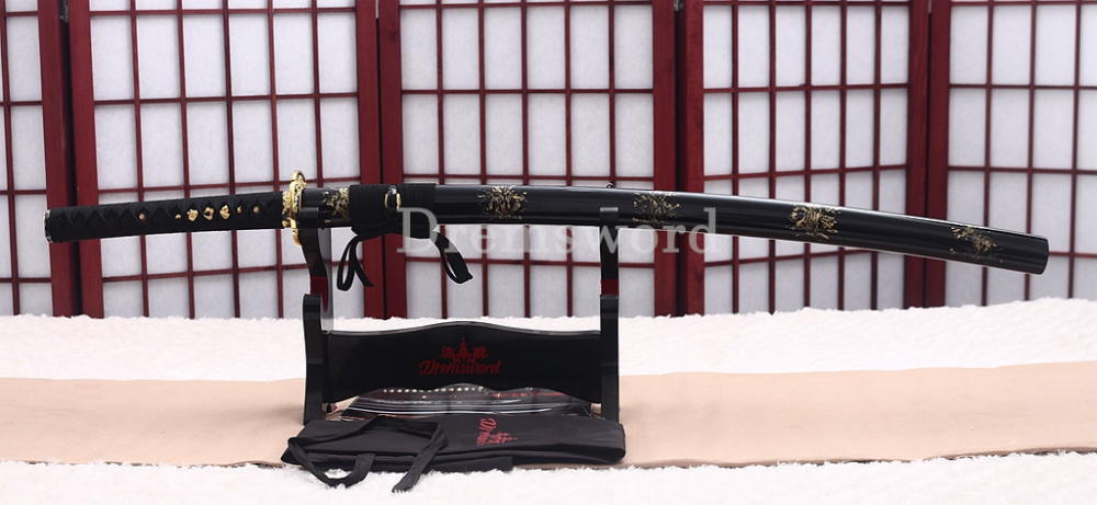 9260 Spring Steel Gold Black Katana Japanese Samurai Sword Battle Ready Full Tang Shinogi-Zukuri Black Saya