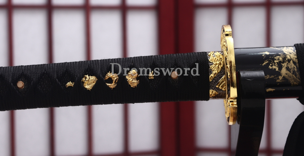 9260 Spring Steel Gold Black Katana Japanese Samurai Sword Battle Ready Full Tang Shinogi-Zukuri Black Saya