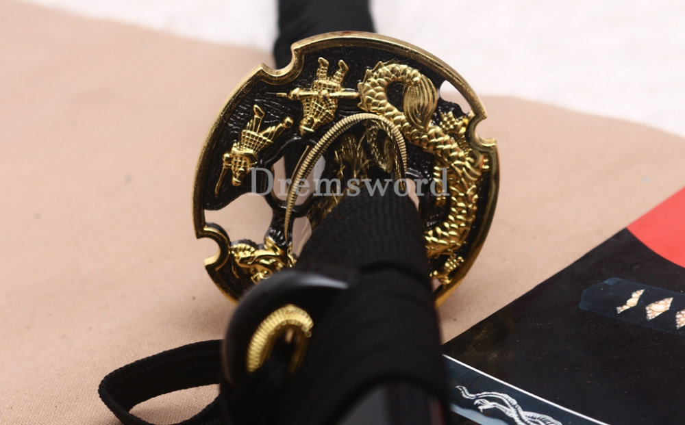 9260 Spring Steel Gold Black Katana Japanese Samurai Sword Battle Ready Full Tang Shinogi-Zukuri Black Saya