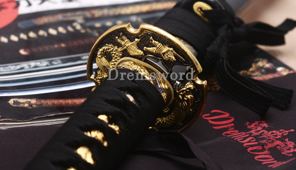9260 Spring Steel Gold Black Katana Japanese Samurai Sword Battle Ready Full Tang Shinogi-Zukuri Black Saya
