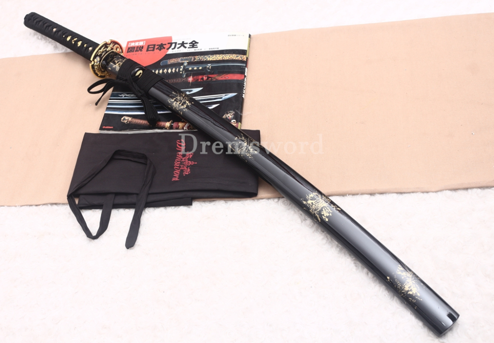 9260 Spring Steel Gold Black Katana Japanese Samurai Sword Battle Ready Full Tang Shinogi-Zukuri Black Saya