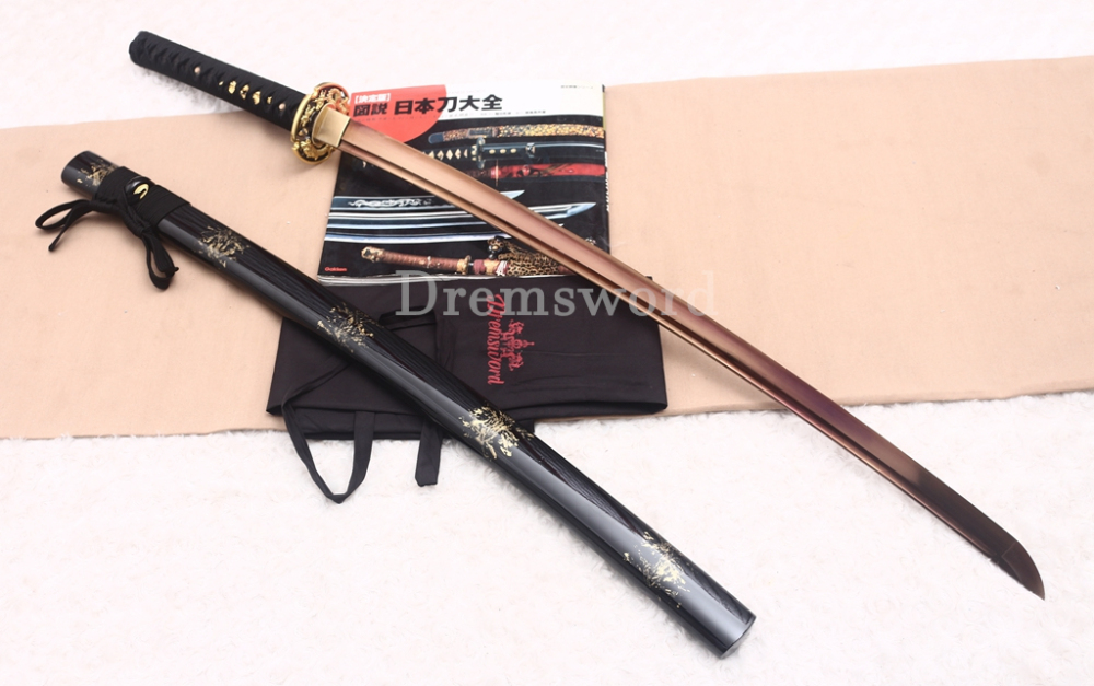 9260 Spring Steel Gold Black Katana Japanese Samurai Sword Battle Ready Full Tang Shinogi-Zukuri Black Saya