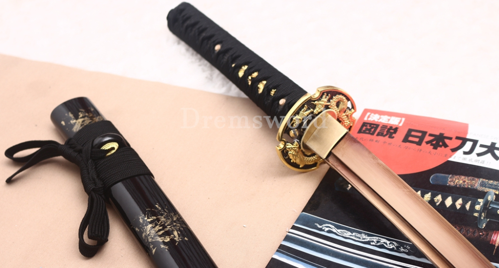 9260 Spring Steel Gold Black Katana Japanese Samurai Sword Battle Ready Full Tang Shinogi-Zukuri Black Saya