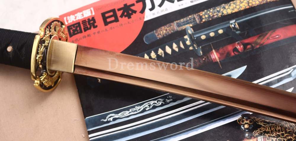 9260 Spring Steel Gold Black Katana Japanese Samurai Sword Battle Ready Full Tang Shinogi-Zukuri Black Saya