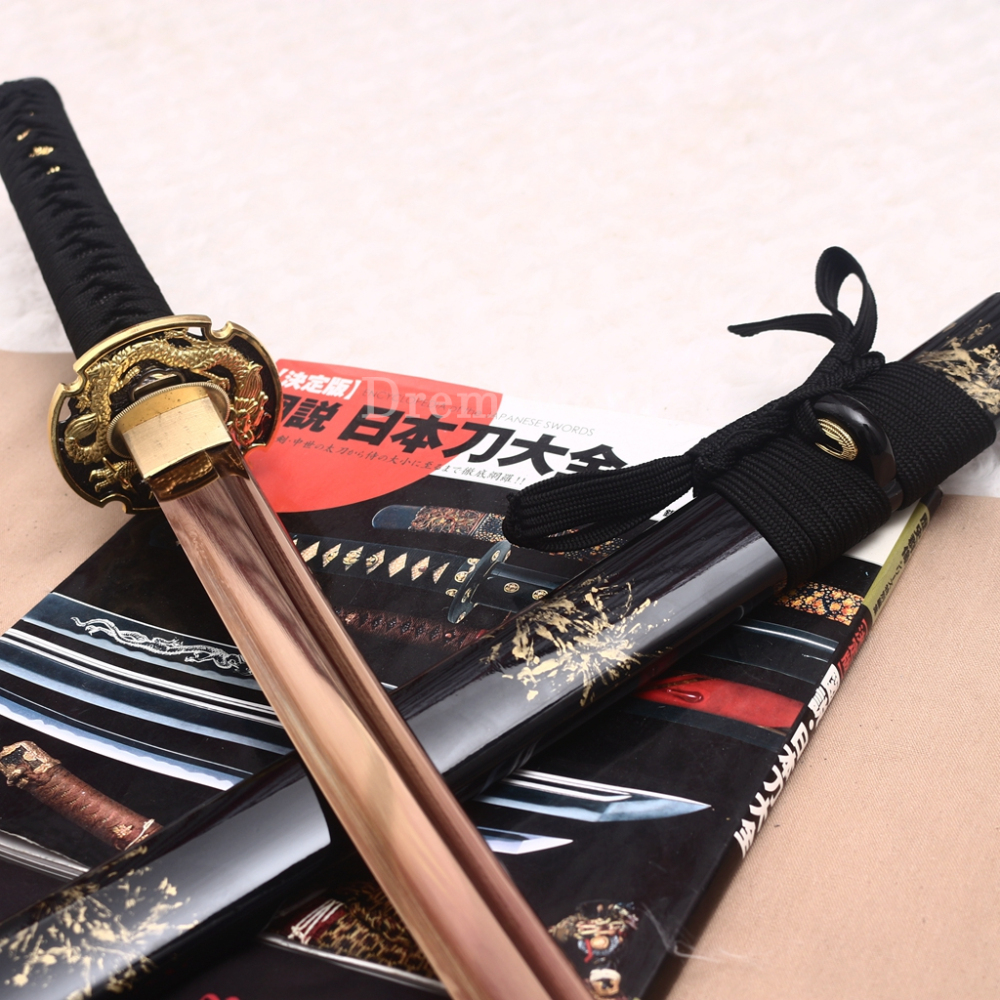 9260 Spring Steel Gold Black Katana Japanese Samurai Sword Battle Ready Full Tang Shinogi-Zukuri Black Saya