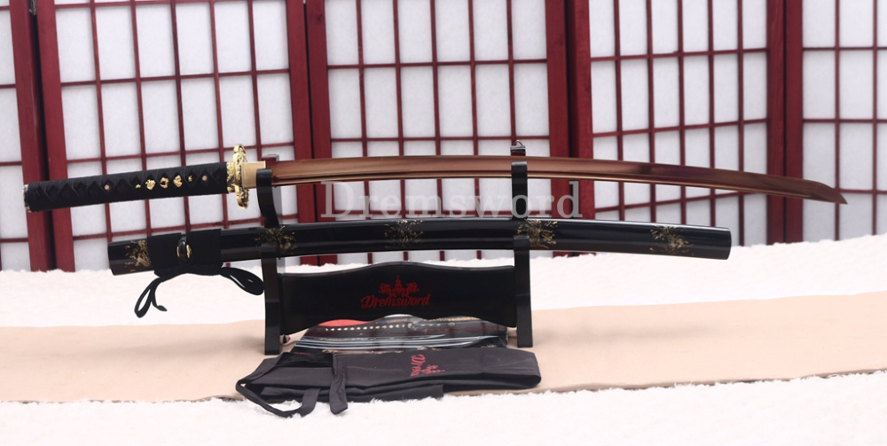 9260 Spring Steel Gold Black Katana Japanese Samurai Sword Battle Ready Full Tang Shinogi-Zukuri Black Saya