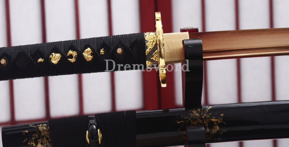 9260 Spring Steel Gold Black Katana Japanese Samurai Sword Battle Ready Full Tang Shinogi-Zukuri Black Saya