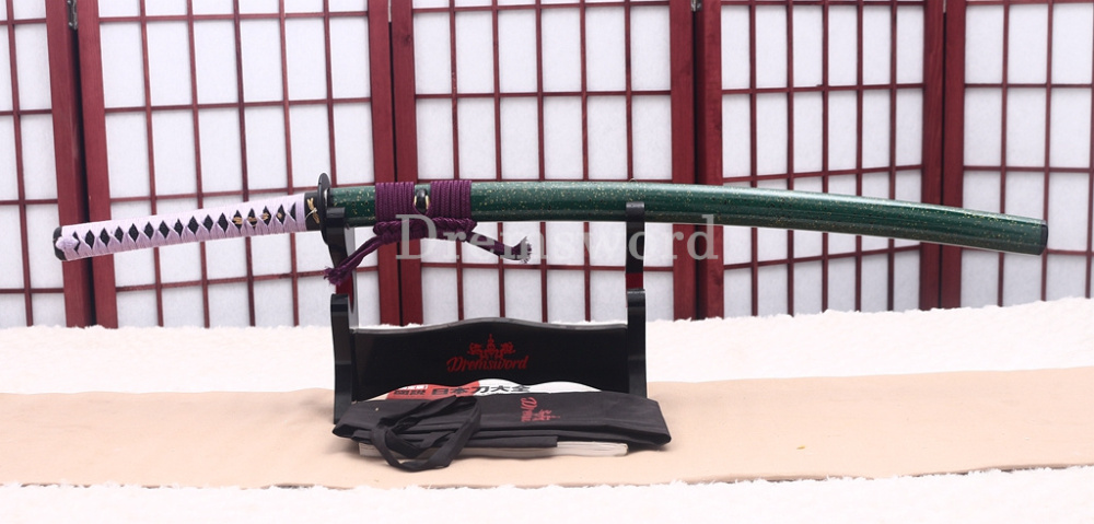 Through Hardened S5 Steel Katana Mirror Blade Japanese Samurai Functional Battle Sword Hira ZUKURI Green & Purple