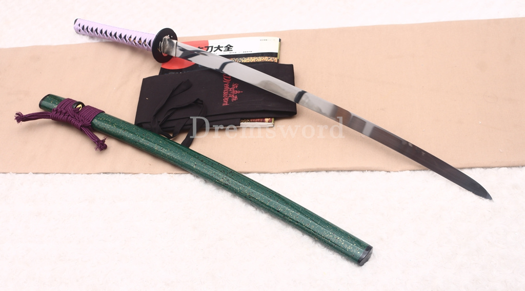 Through Hardened S5 Steel Katana Mirror Blade Japanese Samurai Functional Battle Sword Hira ZUKURI Green & Purple