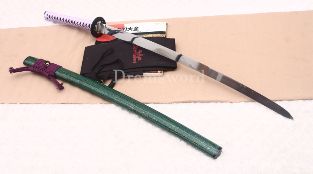 Through Hardened S5 Steel Katana Mirror Blade Japanese Samurai Functional Battle Sword Hira ZUKURI Green & Purple