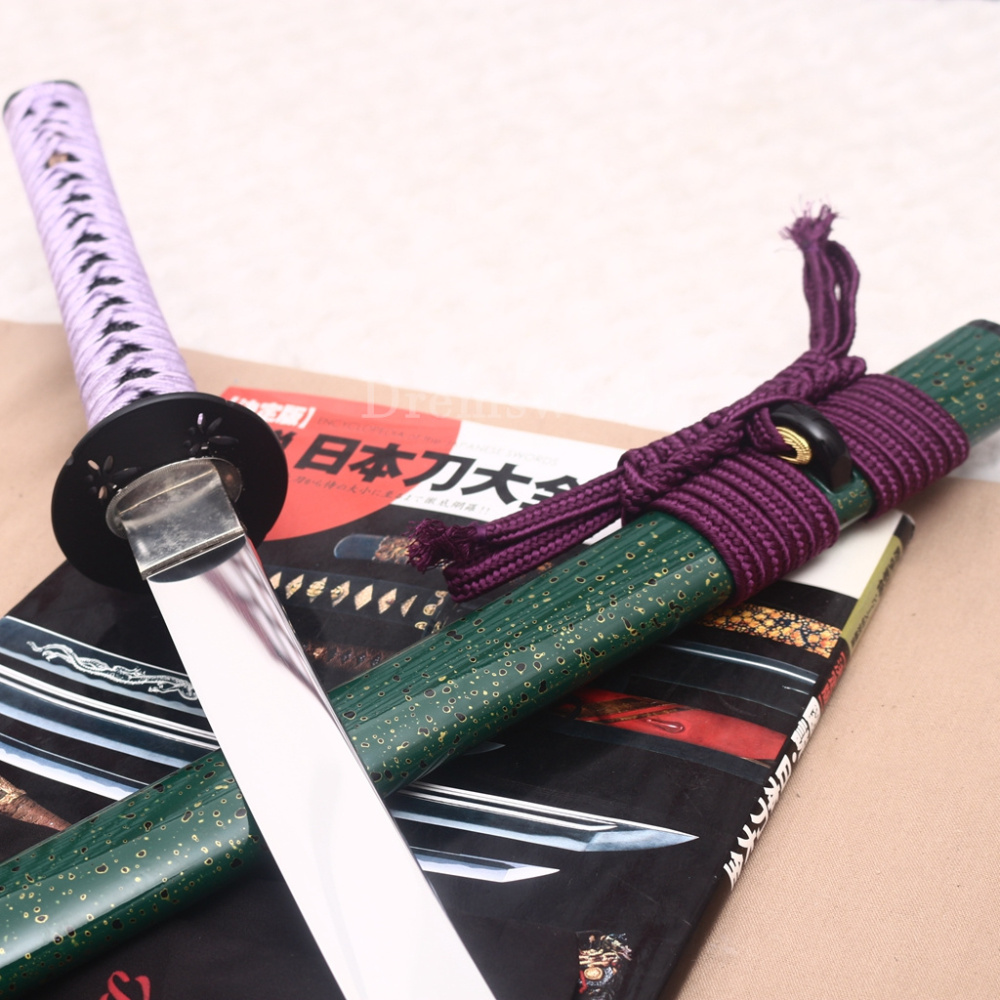 Through Hardened S5 Steel Katana Mirror Blade Japanese Samurai Functional Battle Sword Hira ZUKURI Green & Purple