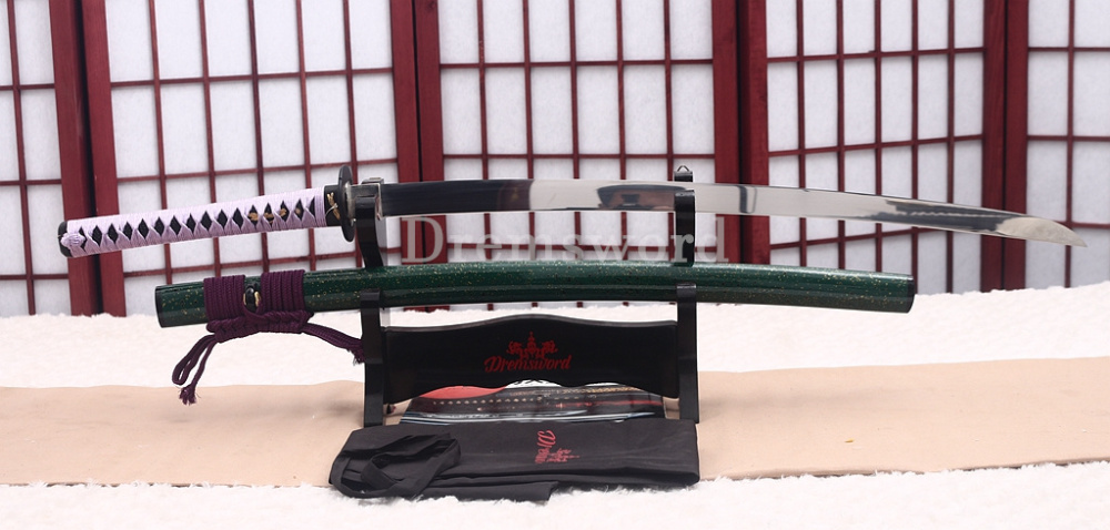 Through Hardened S5 Steel Katana Mirror Blade Japanese Samurai Functional Battle Sword Hira ZUKURI Green & Purple