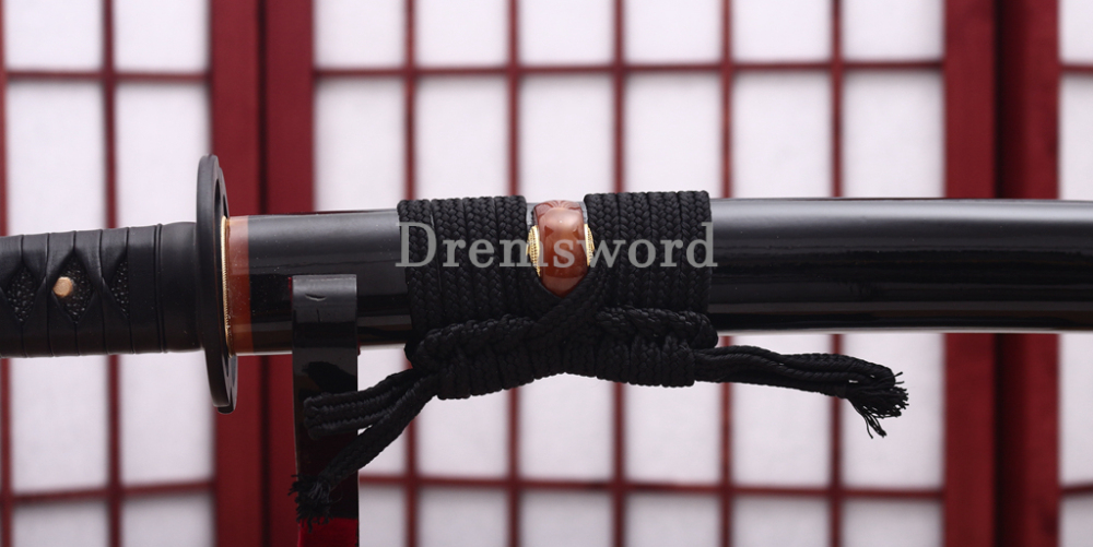 Handmade Damascus Folded Steel Katana Red Blade Japanese Samurai Sword Battle Ready Shinogi Zukuri Black