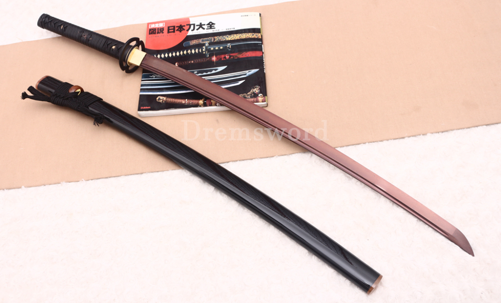 Handmade Damascus Folded Steel Katana Red Blade Japanese Samurai Sword Battle Ready Shinogi Zukuri Black