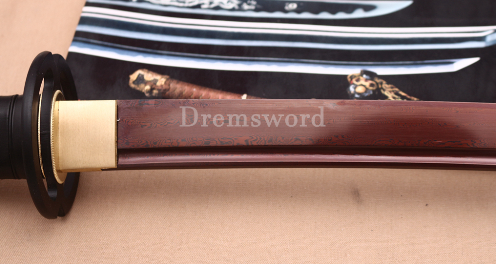 Handmade Damascus Folded Steel Katana Red Blade Japanese Samurai Sword Battle Ready Shinogi Zukuri Black