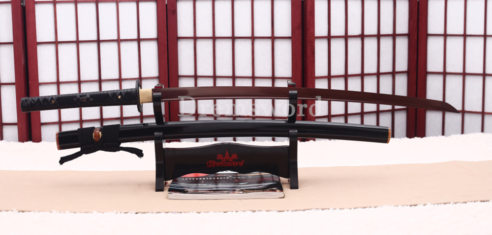 Handmade Damascus Folded Steel Katana Red Blade Japanese Samurai Sword Battle Ready Shinogi Zukuri Black