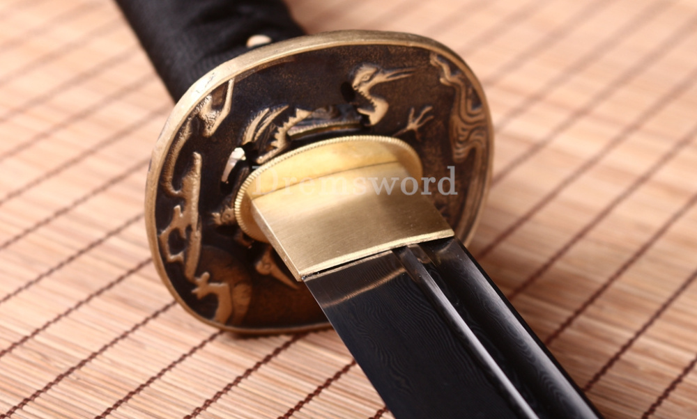 Twisted Pattern Damascus Folded Steel Nagamaki Japanese Samurai Sword Battle Ready Black