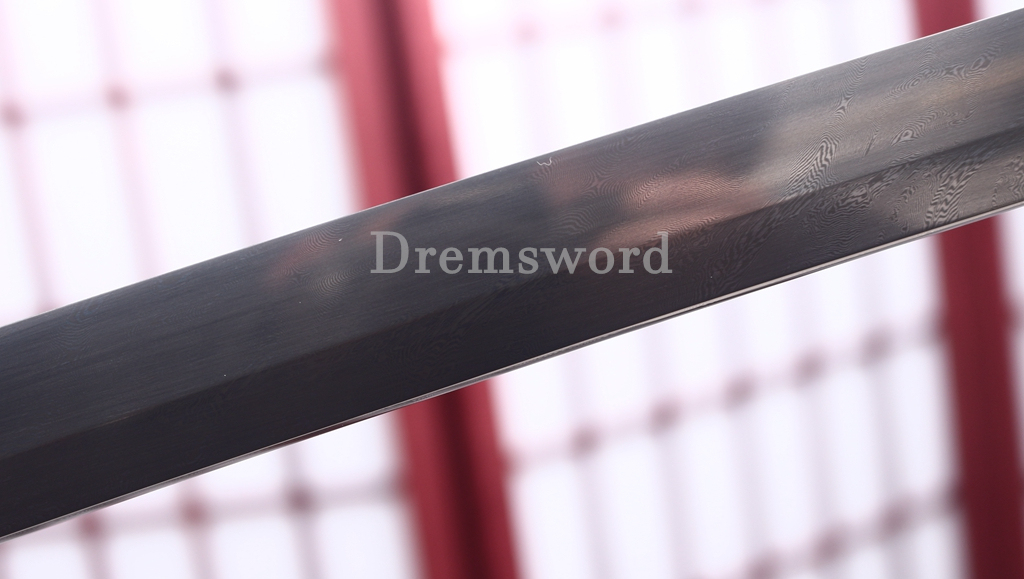 Twisted Pattern Damascus Folded Steel Black Wood Shirasaya Japanese Samurai Sword Battle Ready Shinogi Zukuri