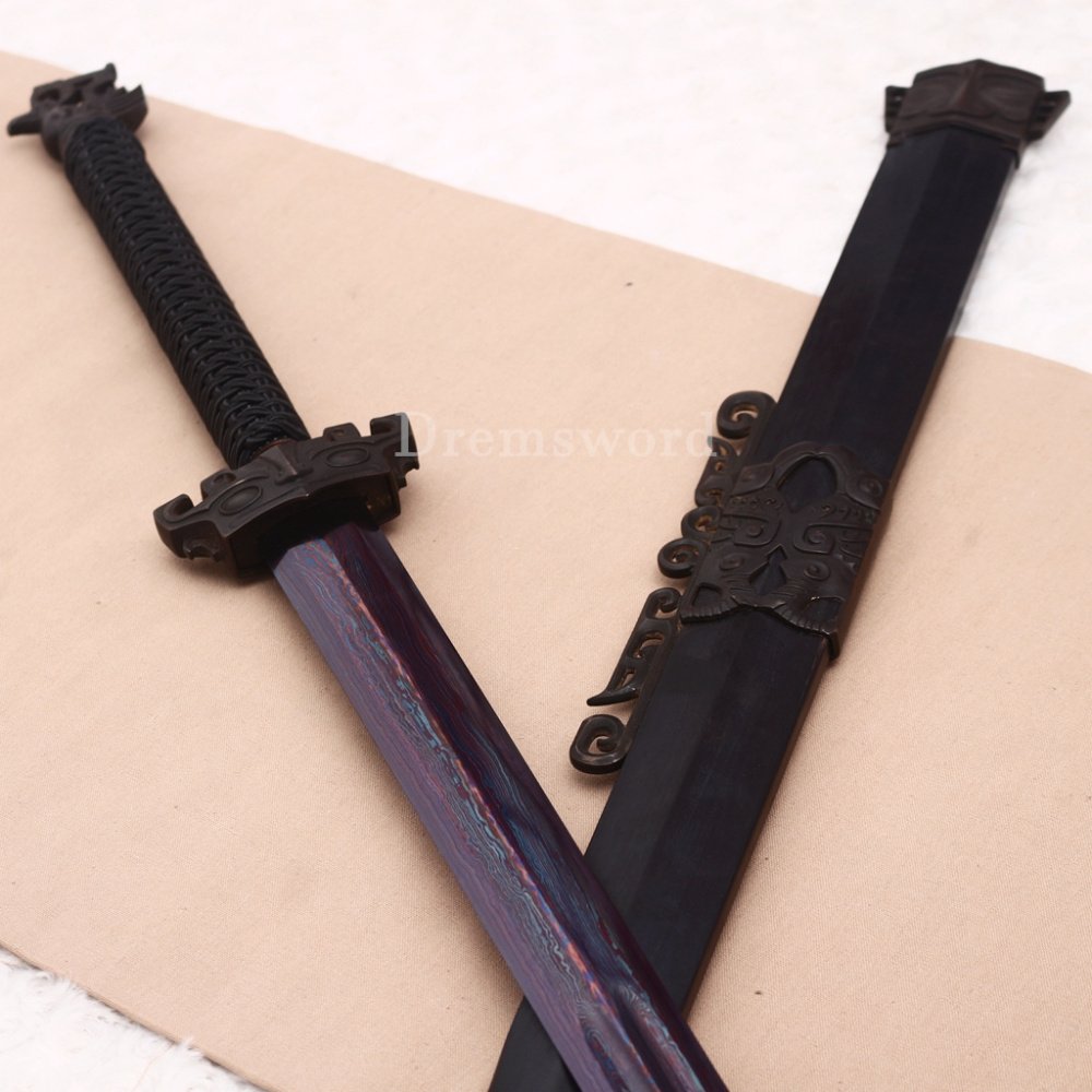 Damascus Folded Steel Han Jian 汉剑 Traditional Chinese Jian Sword Black Wood Battle Ready Sharp Sword