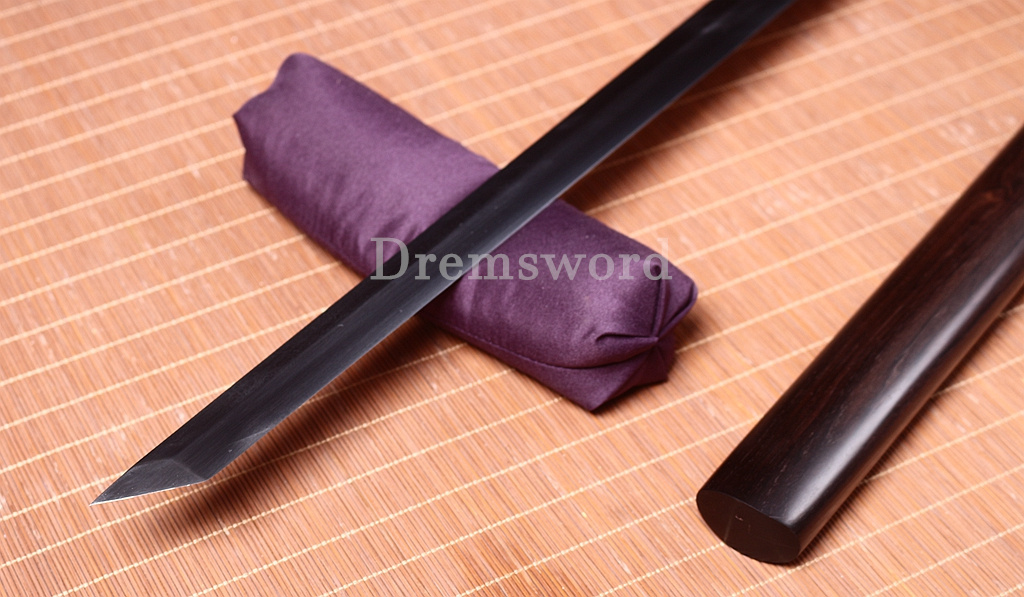 Damascus Folded Steel Ebony Wood Shikomizue Japanese Samurai Katana Battle Sword Kiriha-Zukuri Black