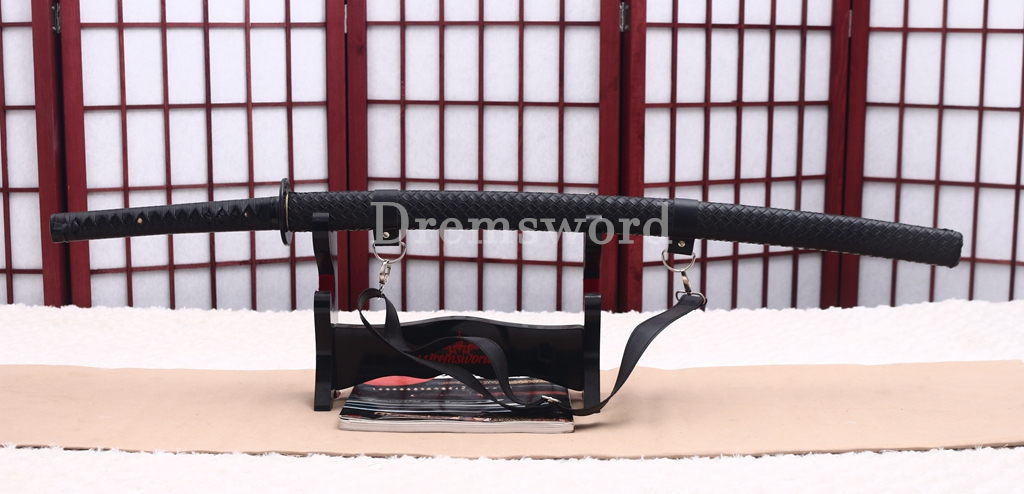 Damascus Folded Steel Katana Black Blade Japanese Samurai Sword Battle Ready Shinogi Zukuri PU Leather Saya with Belt
