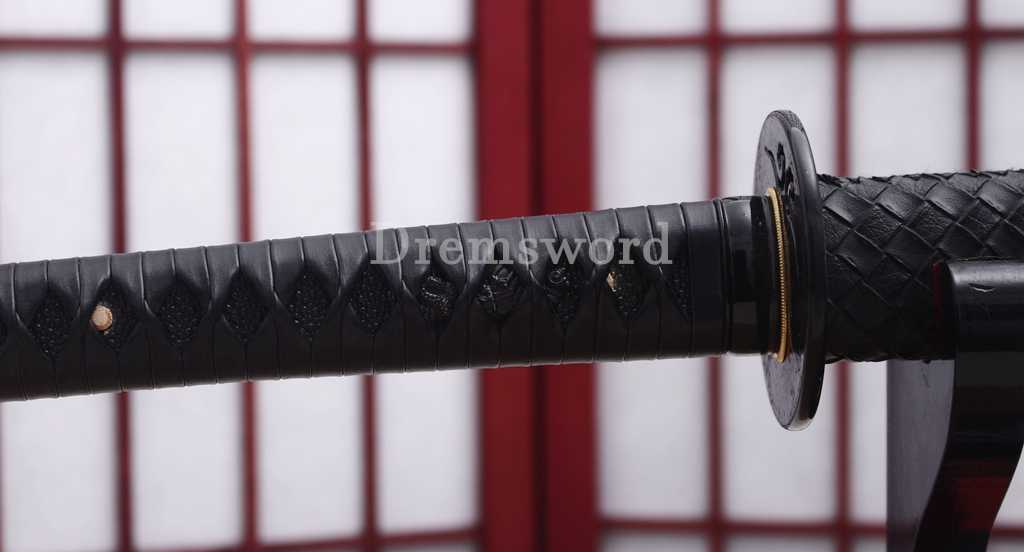 Damascus Folded Steel Katana Black Blade Japanese Samurai Sword Battle Ready Shinogi Zukuri PU Leather Saya with Belt