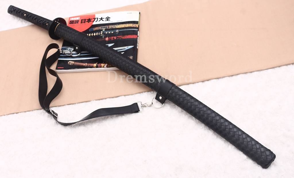 Damascus Folded Steel Katana Black Blade Japanese Samurai Sword Battle Ready Shinogi Zukuri PU Leather Saya with Belt