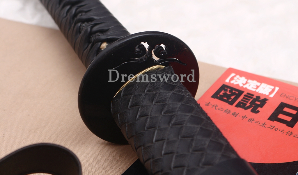 Damascus Folded Steel Katana Black Blade Japanese Samurai Sword Battle Ready Shinogi Zukuri PU Leather Saya with Belt
