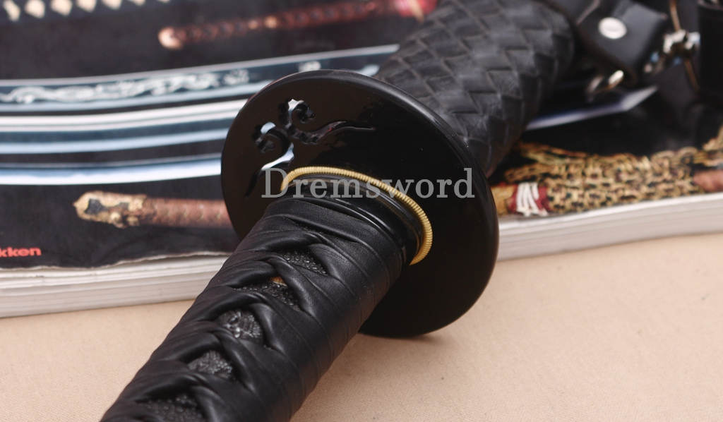 Damascus Folded Steel Katana Black Blade Japanese Samurai Sword Battle Ready Shinogi Zukuri PU Leather Saya with Belt