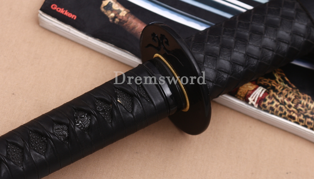 Damascus Folded Steel Katana Black Blade Japanese Samurai Sword Battle Ready Shinogi Zukuri PU Leather Saya with Belt