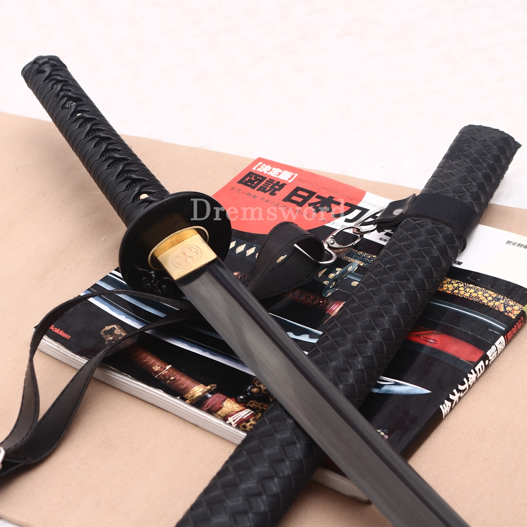 Damascus Folded Steel Katana Black Blade Japanese Samurai Sword Battle Ready Shinogi Zukuri PU Leather Saya with Belt