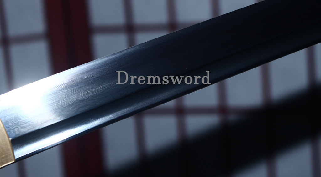 Damascus Folded Steel Katana Black Blade Japanese Samurai Sword Battle Ready Shinogi Zukuri PU Leather Saya with Belt