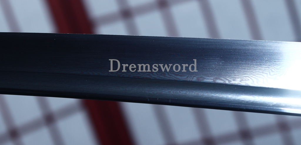 Damascus Folded Steel Katana Black Blade Japanese Samurai Sword Battle Ready Shinogi Zukuri PU Leather Saya with Belt