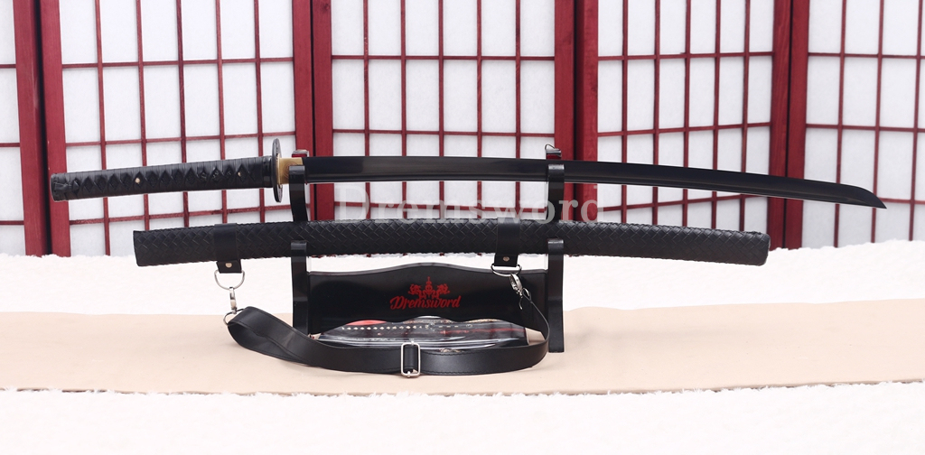 Damascus Folded Steel Katana Black Blade Japanese Samurai Sword Battle Ready Shinogi Zukuri PU Leather Saya with Belt