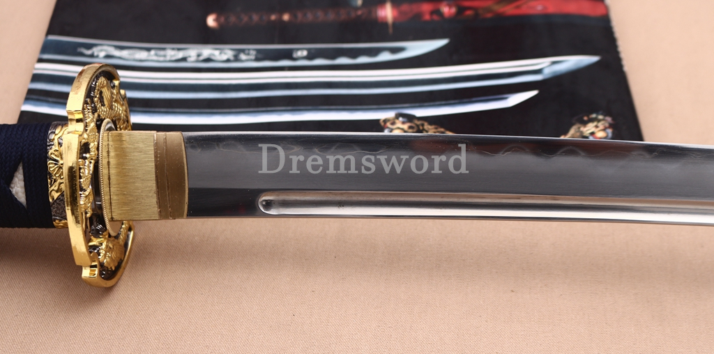 Hand Forge Sanmai Katana Japanese Samurai Sword for Battle Black Carved Dragon Saya Shinogi-Zukuri