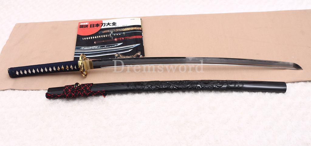 Hand Forge Sanmai Katana Japanese Samurai Sword for Battle Black Carved Dragon Saya Shinogi-Zukuri