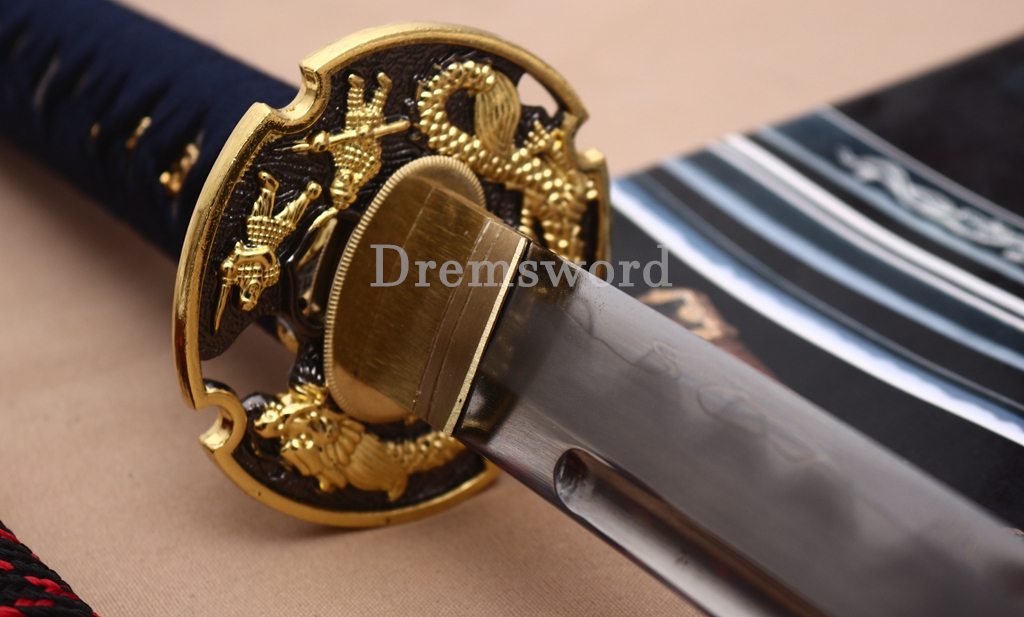 Hand Forge Sanmai Katana Japanese Samurai Sword for Battle Black Carved Dragon Saya Shinogi-Zukuri