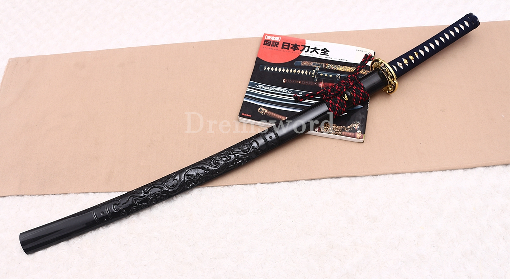 Hand Forge Sanmai Katana Japanese Samurai Sword for Battle Black Carved Dragon Saya Shinogi-Zukuri