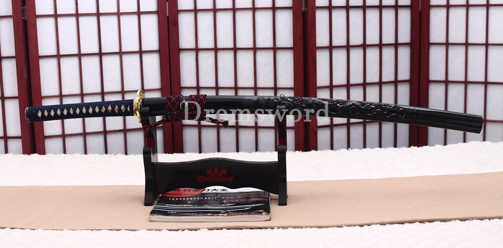 Hand Forge Sanmai Katana Japanese Samurai Sword for Battle Black Carved Dragon Saya Shinogi-Zukuri
