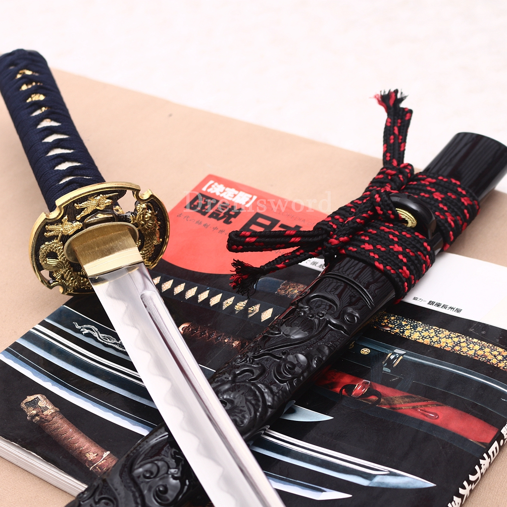 Hand Forge Sanmai Katana Japanese Samurai Sword for Battle Black Carved Dragon Saya Shinogi-Zukuri