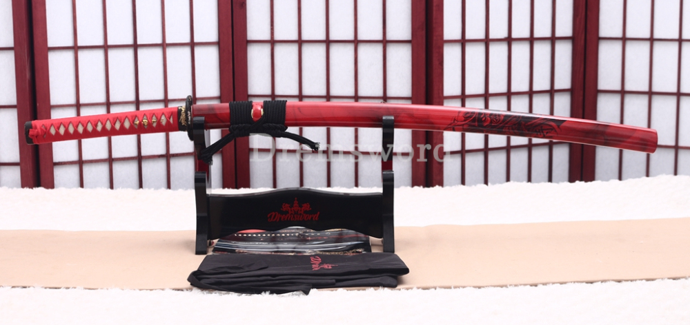 Handmade L6 Steel Clay Tempered Katana Japanese Samurai Sword Shinogi-Zukuri Sword Red