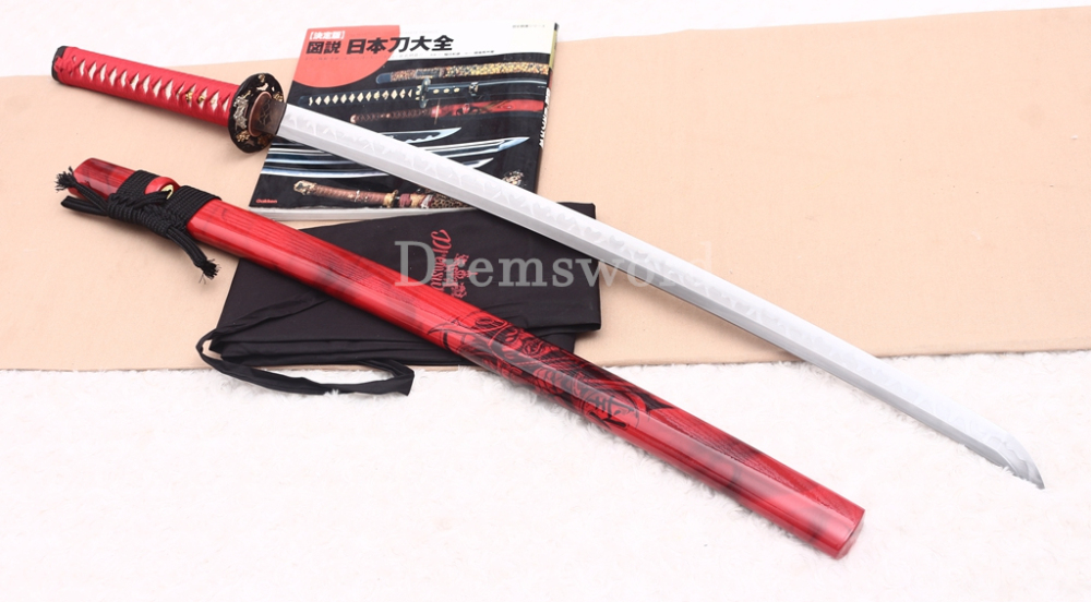 Handmade L6 Steel Clay Tempered Katana Japanese Samurai Sword Shinogi-Zukuri Sword Red