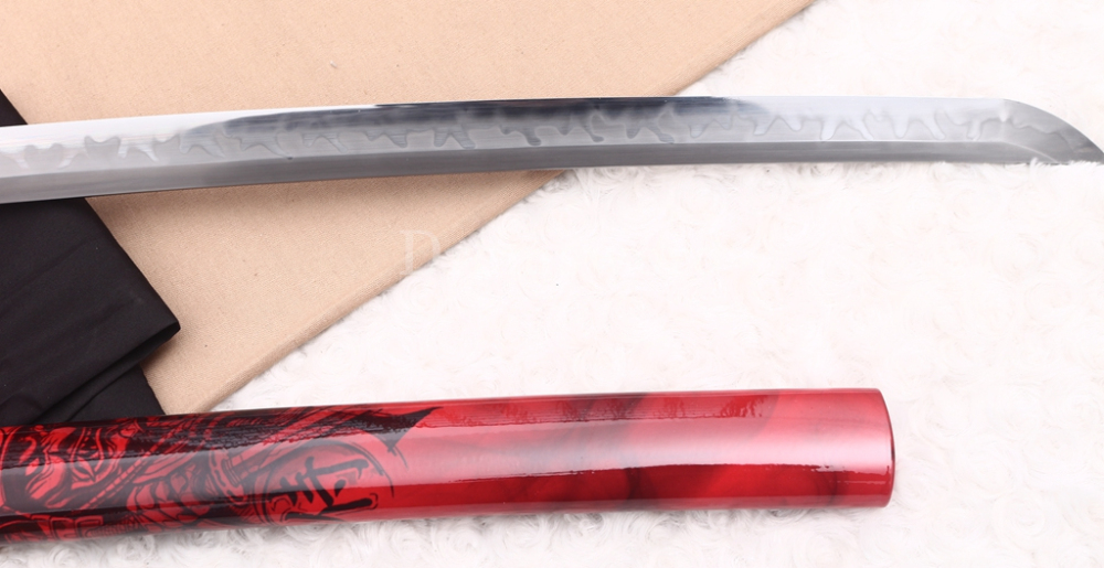 Handmade L6 Steel Clay Tempered Katana Japanese Samurai Sword Shinogi-Zukuri Sword Red