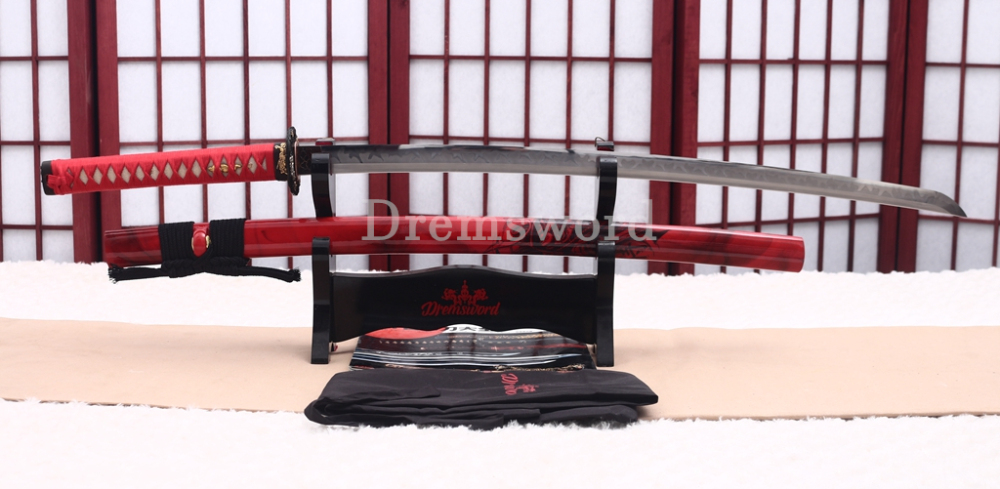 Handmade L6 Steel Clay Tempered Katana Japanese Samurai Sword Shinogi-Zukuri Sword Red