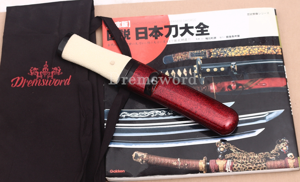 Handmade L6 Steel Clay Tempered Tanto Japanese Samurai Sword Dagger Hira-Zukuri Sword Red Urushi-nuri Saya