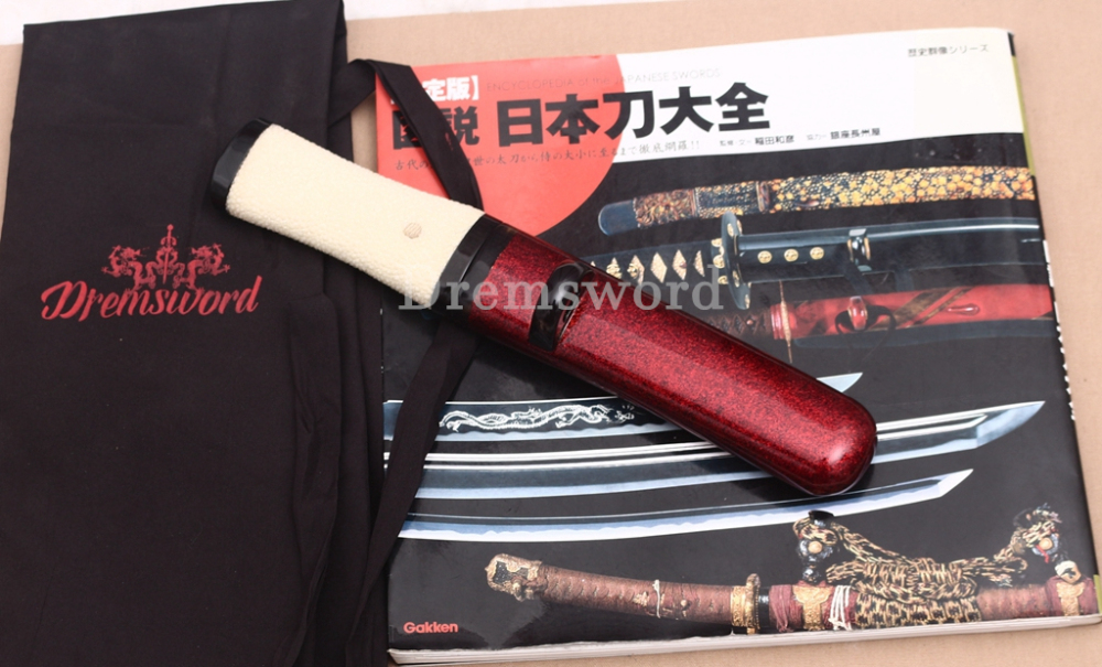 Handmade L6 Steel Clay Tempered Tanto Japanese Samurai Sword Dagger Hira-Zukuri Sword Red Urushi-nuri Saya