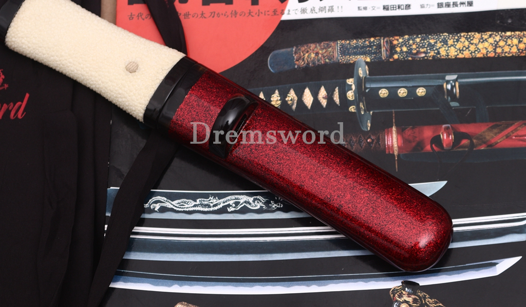 Handmade L6 Steel Clay Tempered Tanto Japanese Samurai Sword Dagger Hira-Zukuri Sword Red Urushi-nuri Saya