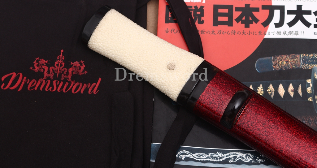 Handmade L6 Steel Clay Tempered Tanto Japanese Samurai Sword Dagger Hira-Zukuri Sword Red Urushi-nuri Saya